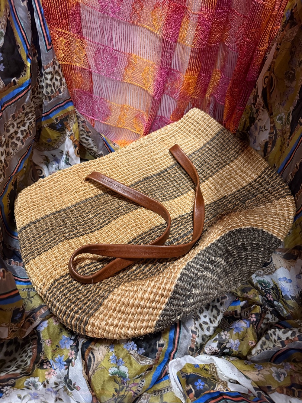 Woven Straw Tote Bag with Brown Leather Straps